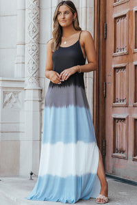 Maxi Dress | Sky Blue Spaghetti Strap Tie Dye Slit Dress