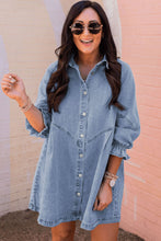 Load image into Gallery viewer, Sky Blue Buttoned Long Sleeve Denim Mini Dress | Dresses/Mini Dresses
