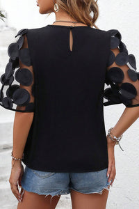 Half Sleeve Blouse | Black Contrast Applique Mesh Top