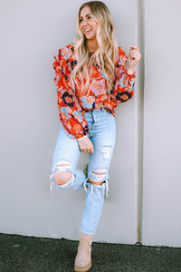 Puff Sleeve Blouse | Fiery Red Floral Print Ruffle