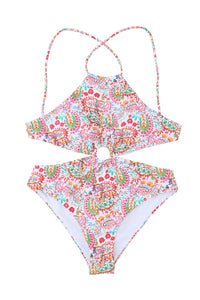 Multicolor Floral Print O-ring Lace-up Backless One Piece Swimsuit | Swimwear/One Piece Swimsuit