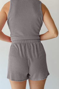 Medium Grey Corded Sleeveless Top and Pocketed Shorts Set | Two Piece Sets/Short Sets