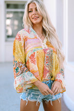 Load image into Gallery viewer, Multicolor Paisley Print Bell Sleeve Lace V-Neck Button Sheer Blouse | Tops/Blouses &amp; Shirts
