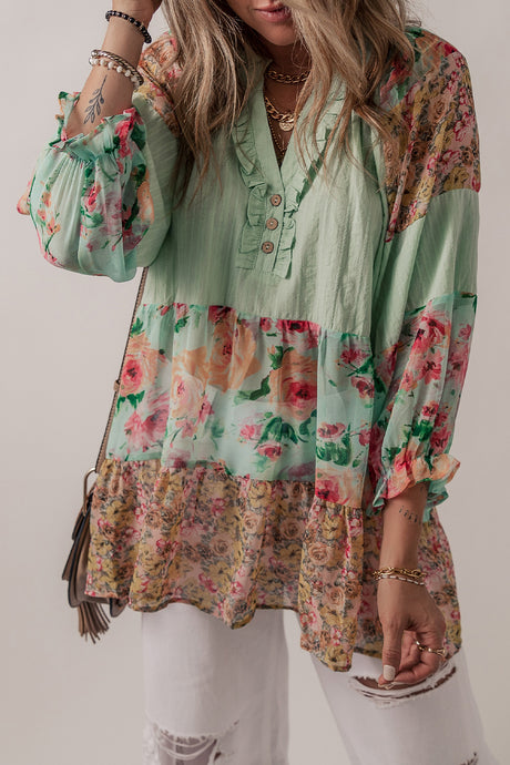 Green Printed Floral Patchwork Frilled Split Neck Blouse | Tops/Blouses & Shirts