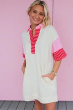 Load image into Gallery viewer, Patchwork T Shirt Dress | White Stripe Color-Block Short Sleeve Top
