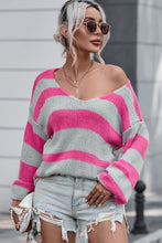 Load image into Gallery viewer, Rose Striped Colorblock Knit V Neck Loose Fit Sweater | Tops/Sweaters &amp; Cardigans
