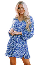 Load image into Gallery viewer, Blue Sky Blue/Blue/Apricot V Neck Lantern Sleeves Floral Tunic Dress | Dresses/Floral Dresses
