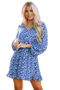 Blue Sky Blue/Blue/Apricot V Neck Lantern Sleeves Floral Tunic Dress | Dresses/Floral Dresses