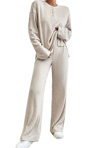 Beige Ribbed Drop Shoulder Henley Top Wide Leg Pants Set | Two Piece Sets/Pant Sets