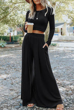 Load image into Gallery viewer, Black Solid Color Ribbed Crop Top Long Pants Set | Two Piece Sets/Pant Sets
