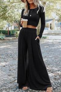 Black Solid Color Ribbed Crop Top Long Pants Set | Two Piece Sets/Pant Sets