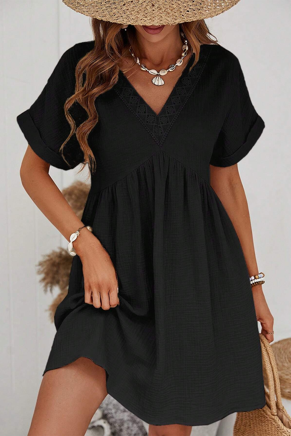 Black Folded Short Sleeve Lace V Neck Mini Dress | Dresses/Mini Dresses