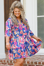 Load image into Gallery viewer, Blue Plus Size Floral Print Ruffled 3/4 Sleeve Mini Dress | Plus Size/Plus Size Dresses/Plus Size Mini Dresses
