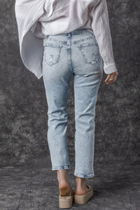 Sky Blue Light Wash Frayed Slim Fit High Waist Jeans | Bottoms/Jeans