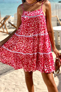 Rose Leopard Print Lace Trim Flared Sundress | Dresses/Mini Dresses