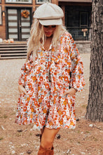 Load image into Gallery viewer, Orange Printed Split Neck Floral Pocketed Shift Dress | Dresses/Floral Dresses
