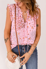 Load image into Gallery viewer, Pink Floral Print Drawstring Frill Trim Sleeveless Top
