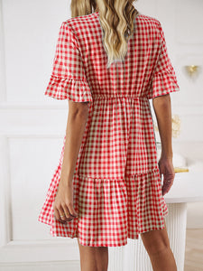 Mini Dress | Plaid Flounce Sleeve Buttoned