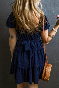 Puff Sleeve Dress | Navy Blue Swiss Dot Crossover Tiered Dress