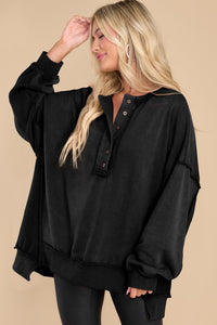 Black Oversized Exposed Seam Henley Sweatshirt | Tops/Sweatshirts & Hoodies