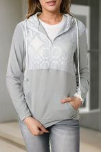 Load image into Gallery viewer, Gray Lace Patch Thumbhole Sleeve Zipped Kangaroo Pocket Hoodie
