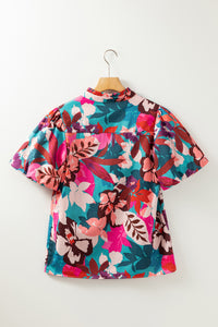 Rose Red Floral Print Puff Sleeve Notched V Neck Blouse | Tops/Blouses & Shirts