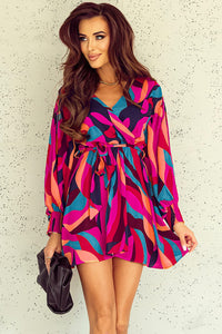 Fiery Red Abstract Printed Belted Puff Sleeve Mini Dress | Dresses/Mini Dresses