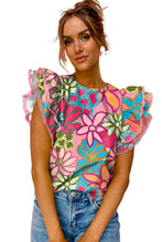 Load image into Gallery viewer, Multicolor Vibrant Floral Print Trimmed Ruffle Sleeve Blouse | Tops/Blouses &amp; Shirts
