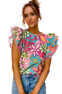 Multicolor Vibrant Floral Print Trimmed Ruffle Sleeve Blouse | Tops/Blouses & Shirts