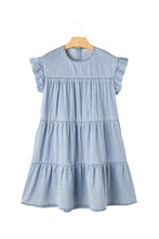 Load image into Gallery viewer, Denim Dress | Blue Ruffle Short Sleeve Tiered A-line Dress
