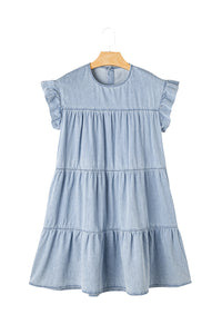 Denim Dress | Blue Ruffle Short Sleeve Tiered A-line Dress