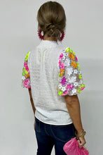 Load image into Gallery viewer, Puff Sleeve Top | White Collar Sequin Flower Textured Blouse
