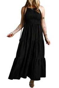 Maxi Dress | Black Spaghetti Straps Smocked Pleated Dress