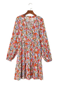 Multicolor Floral Neck Tie Long Sleeve Flared Dress | Dresses/Floral Dresses