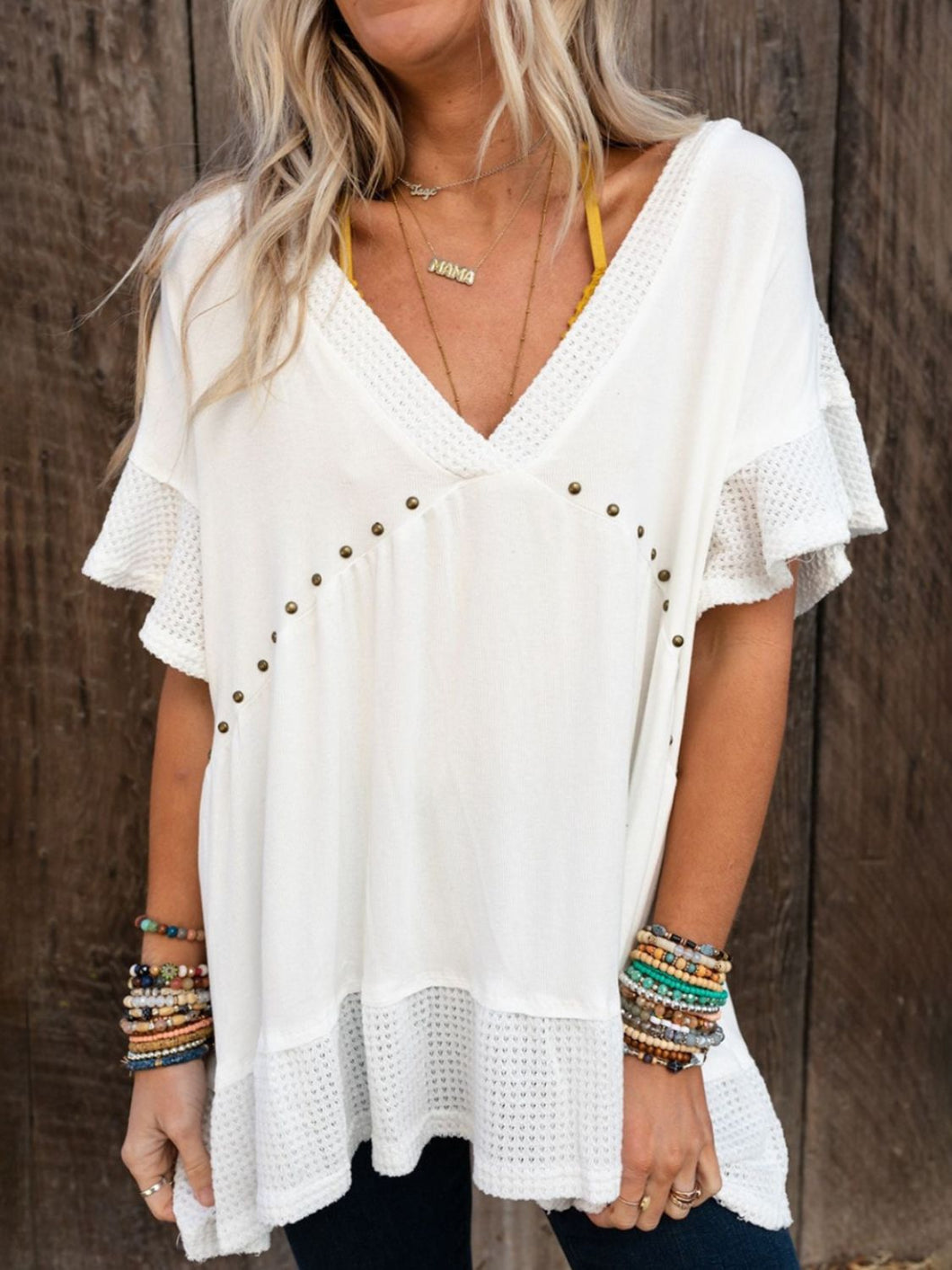 Studded V-Neck Top | Half Sleeve Blouse