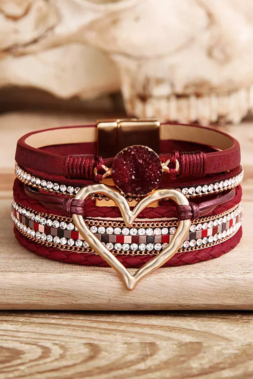 Heart Layered Bracelet | Fiery Red Rhinestone Bracelet