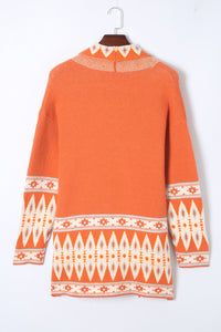 Open Knit Cardigan | Orange Printed Aztec Print Sweater