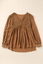 Load image into Gallery viewer, Brown Lace Crochet Buttoned V Neck Babydoll Top | Tops/Blouses &amp; Shirts
