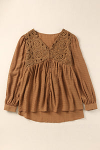 Brown Lace Crochet Buttoned V Neck Babydoll Top | Tops/Blouses & Shirts