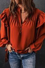 Load image into Gallery viewer, Orange Ruffled Pleated Buttoned V Neck Blouse | Tops/Blouses &amp; Shirts
