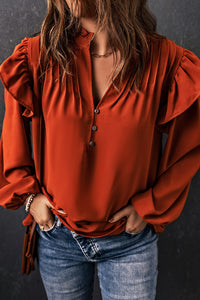 Orange Ruffled Pleated Buttoned V Neck Blouse | Tops/Blouses & Shirts