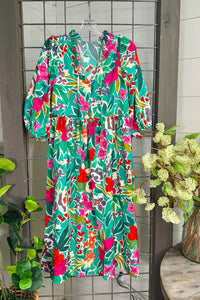 Sky Blue Plus Size Floral Print Puff Sleeve Tie Neck Babydoll Dress | Plus Size/Plus Size Dresses/Plus Size Mini Dresses