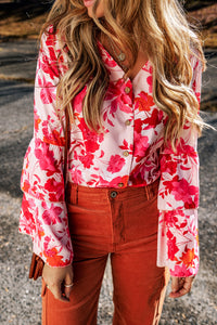 Womens Bodysuit | Pink Floral Print Tiered Bell Long Sleeve Buttoned Bodysuit | Tops/Bodysuits