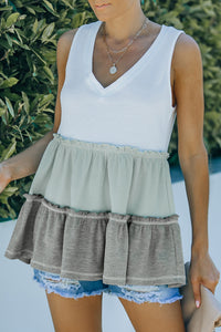 V Neck Top | Tricolor Frill Trim Sleeveless Blouse