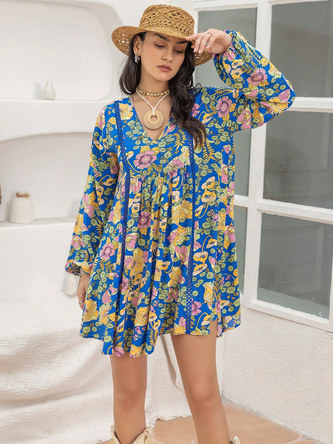 Mini Dress | Printed V-Neck Balloon Sleeve Dress