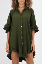 Load image into Gallery viewer, Pleated Shirt Dress | Green High-Low Hem Ruffle Sleeve Dress
