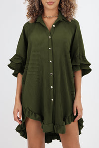 Pleated Shirt Dress | Green High-Low Hem Ruffle Sleeve Dress