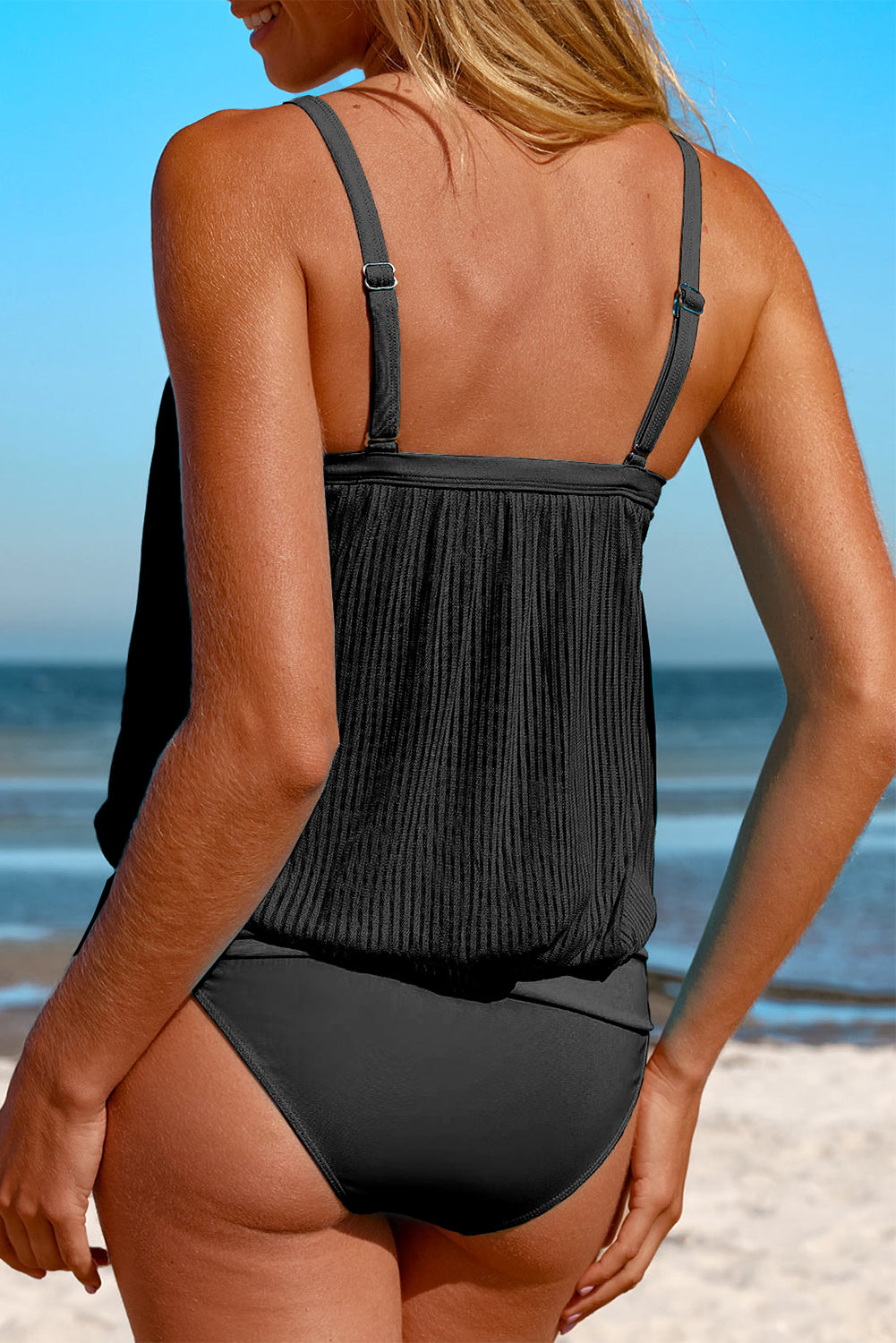 Black Striped Mesh Knotted Hem Tankini Swimsuit | Swimwear/Tankinis