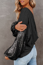 Load image into Gallery viewer, Waffle Knit Top | Black Sequin Patchwork Sleeve Open Back
