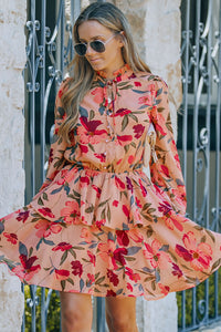 Fiery Red Frilled Collar Long Sleeve Floral Dress with Ruffle | Dresses/Floral Dresses